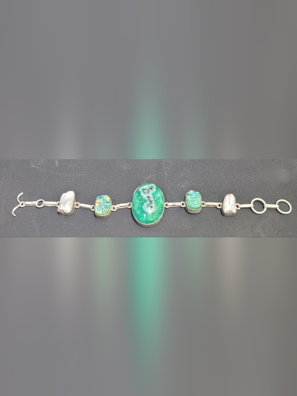 Handmade Green Druzy and Pearl Bracelet